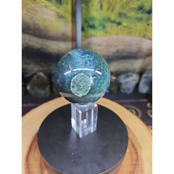 Natural Moss Agate Quartz Crystal Sphere Polished 73mm W/stand 1.16lb - Picture 3 of 9